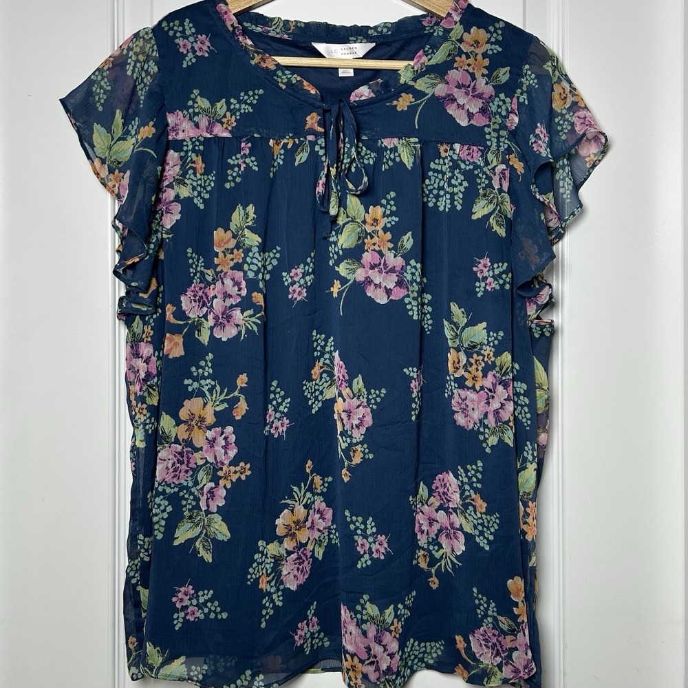 LC Lauren Conrad Navy Garden Floral Chiffon Flutter Sleeve Tie Bow Flowy Blouse